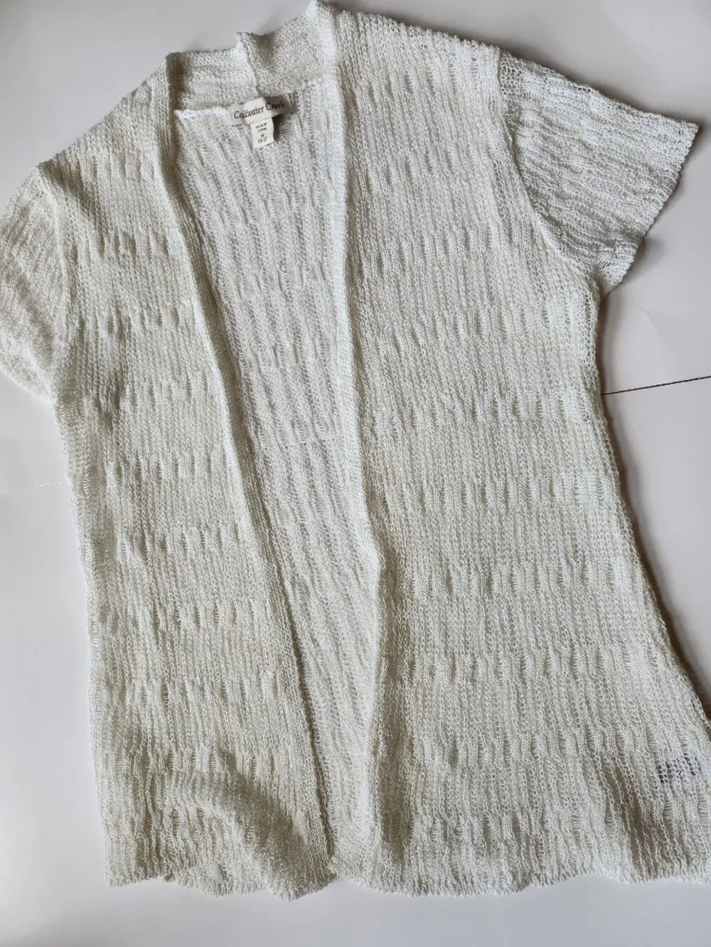 Boho Coastal White Open Knit Short Sleeve Minimalist Cardigan Summer Layering M - Picture 10 of 10